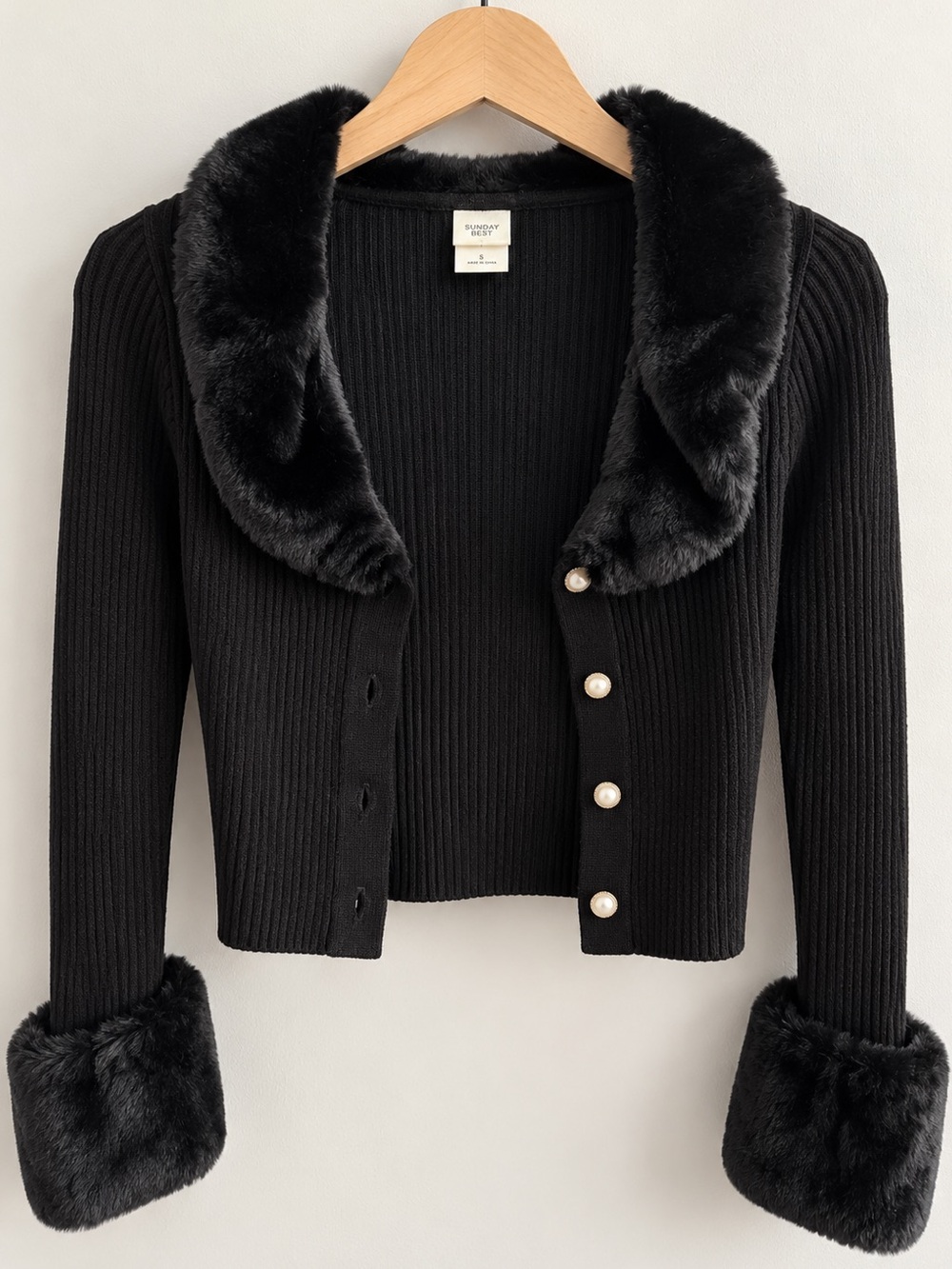 Black Faux-Fur Collar & Cuff Ribbed Cardigan with Pearl Buttons